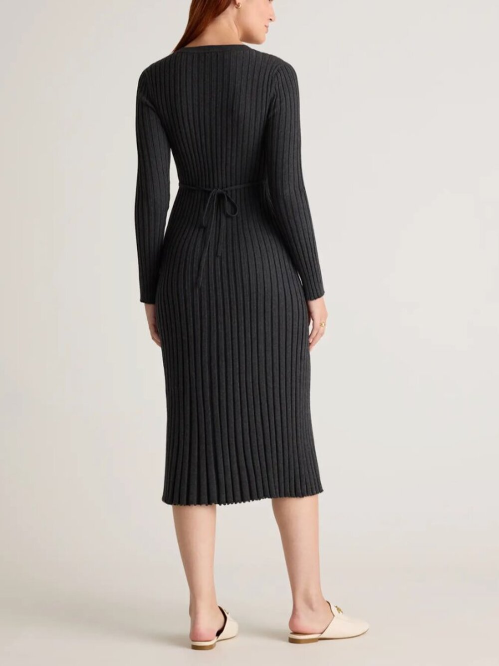 Quince Cotton Cashmere Ribbed Long Sleeve Crew Midi Dress NWT Size S Charcoal - Picture 2 of 15